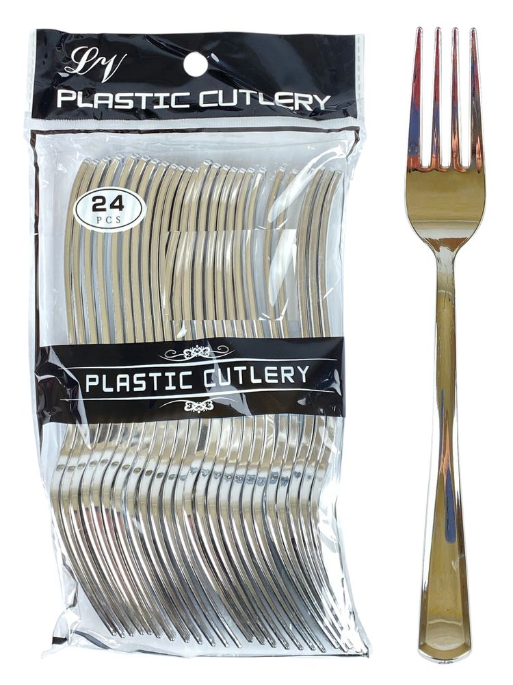 Вилки пластиковые многоразовые серебро, 18см, 24шт/уп (7500-47)