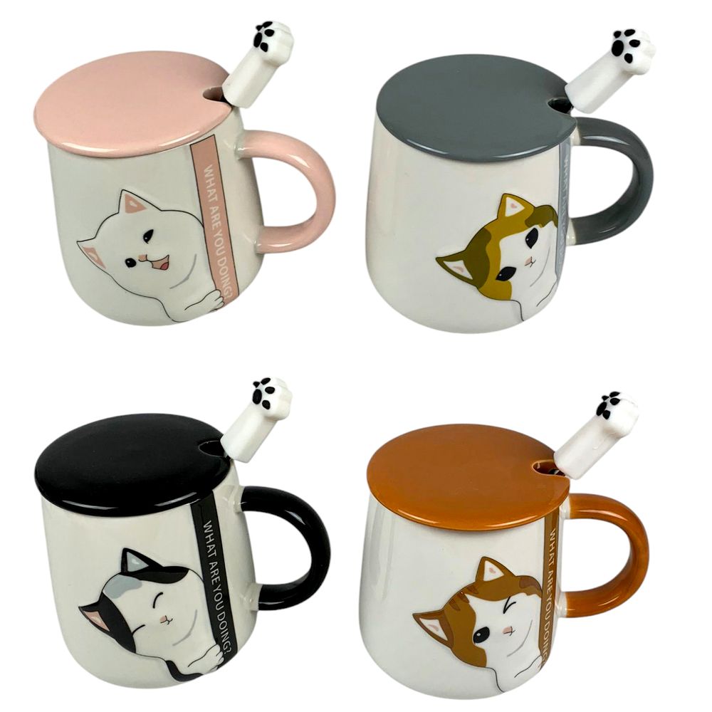 Чашка керамическая 380мл "Котик-лапка" с крышкой, ложкой 4 вида (1070)
