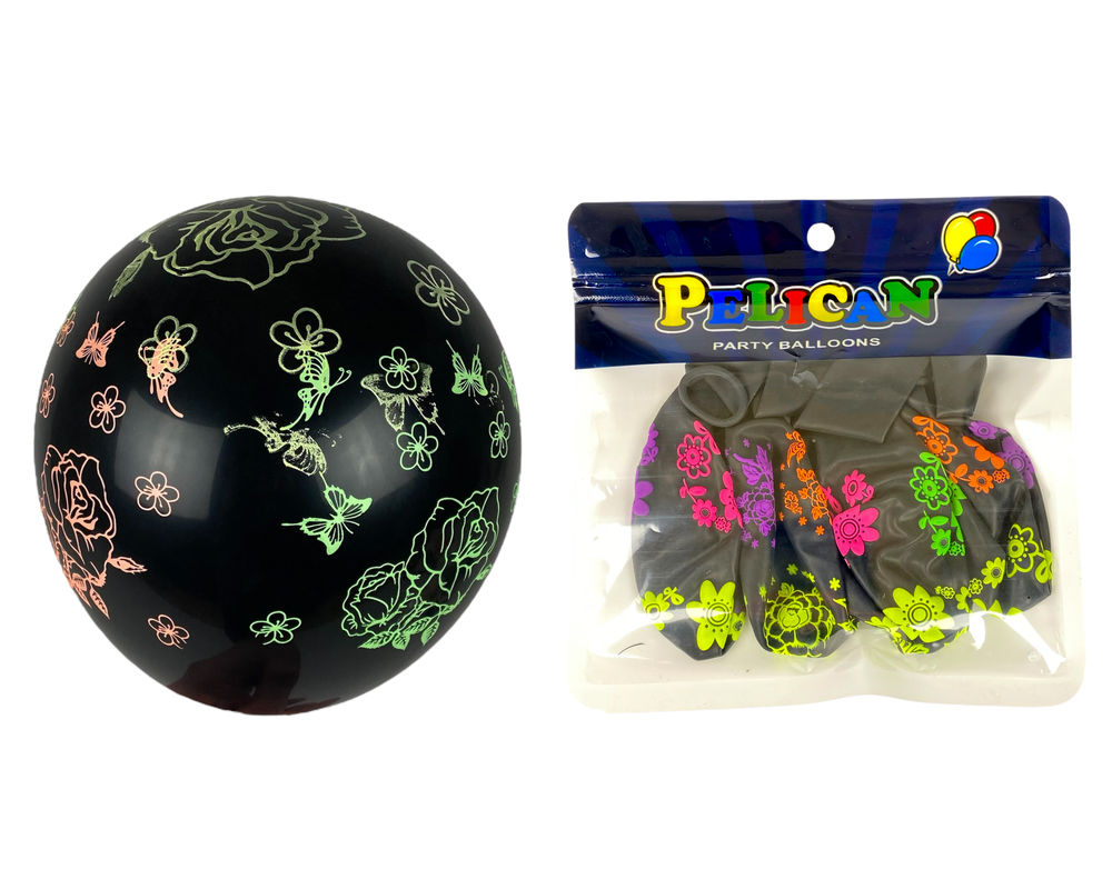 Кульки  12"(30сm) "Яскраві квіти" чорного кольору  5шт (1205С-500)