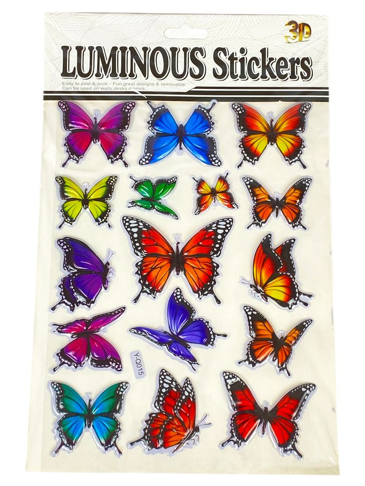 Наклейка пластиковая рельефная флуоресцентная, 10 х 30см  Бабочки (Y-Q015)
