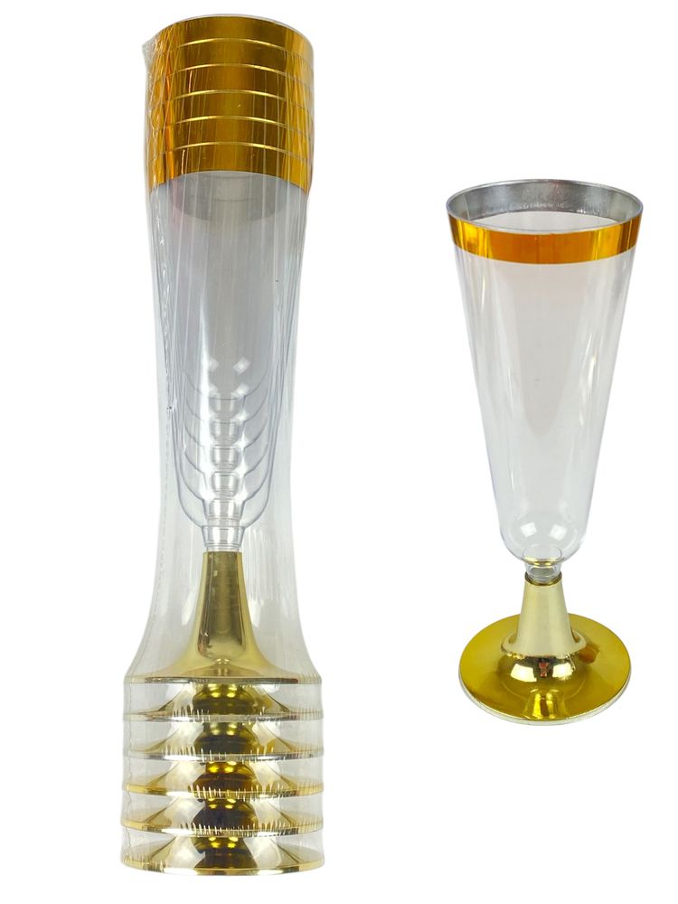 Бокалы пластиковые многоразовые для шампанского с золотом, 6шт/уп (7500-57)