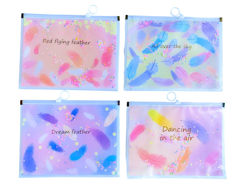 Папка для зошитів А5+ на блискавці "Сипучі блискітки-Пір'я" 24 х 18,5см (152)