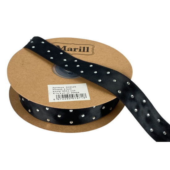 Атласная лента 2,5см х 18м со стразами черная (D19125-A2-110)