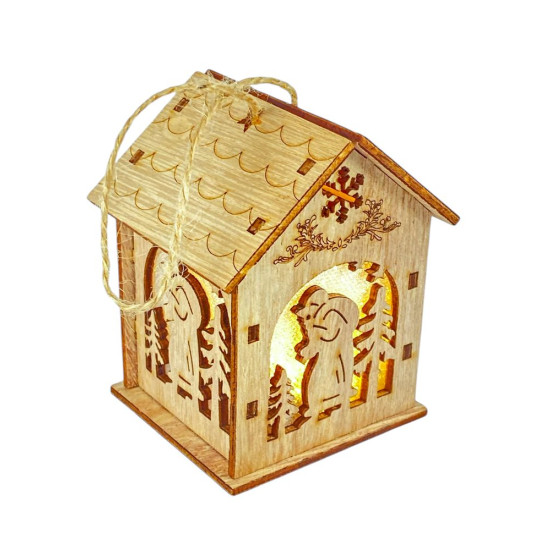Деревянный подвес Домик с подсветкой с Сантою 6 х 6 х 8см (L00413.1)