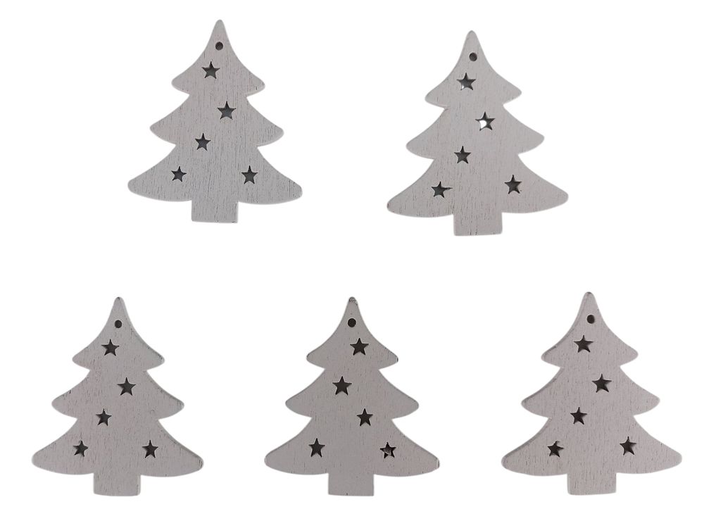 Дерев'яна ялинка з зірками 5 х 6см, біла, 5шт (TK-027)