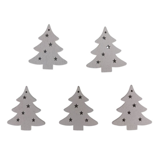 Дерев'яна ялинка з зірками 5 х 6см, біла, 5шт (TK-027)