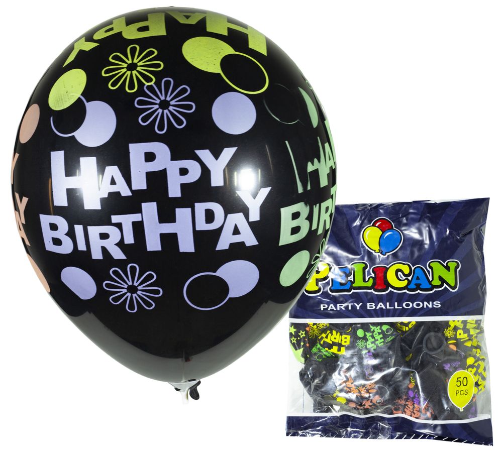 Шарики Pelican 12' (30 см), черный - Happy Birthday, 50шт/уп, 824514 (824514/1250-514)