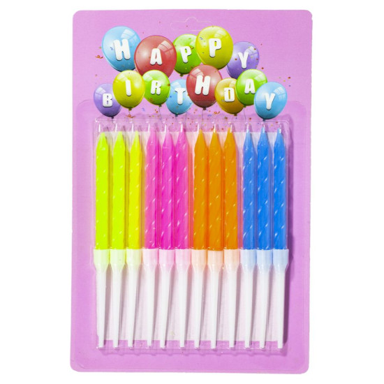 Набор свечей для торта  неон "Happy Birhday" 0,6*7см, mix4, 12шт. (1272)
