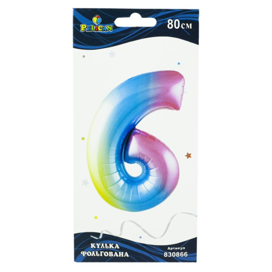 Цифра фольгированная Pelican, "6" Радужная 80см, (индивидуальная упак) (830866)