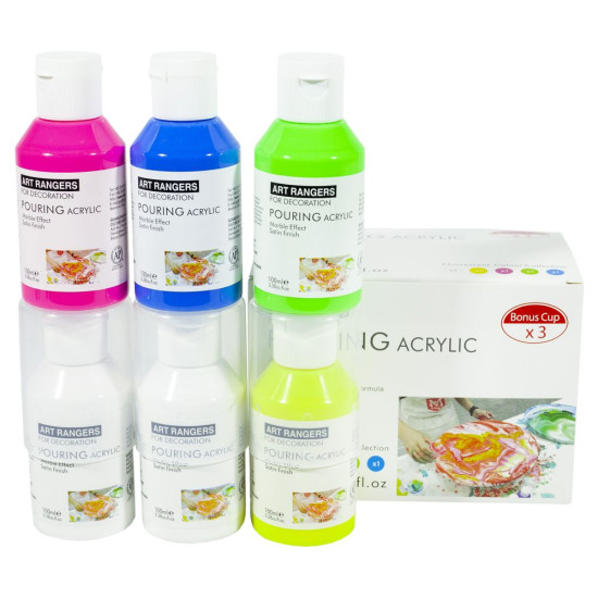 Набір акрилових фарб "рідкий акрил" неон,  6 * 100мл (2 білих, 1 жовта, 1 рожева, 1 зелена, 1 синя) Різнокольоровий Unison (06100F)