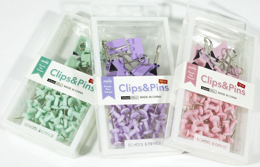 Набір канцелярський пастельний, біндери 19 мм 6 шт, кнопки гвоздики 35 шт, 3 кольори мікс, 12 наб/уп (2065)