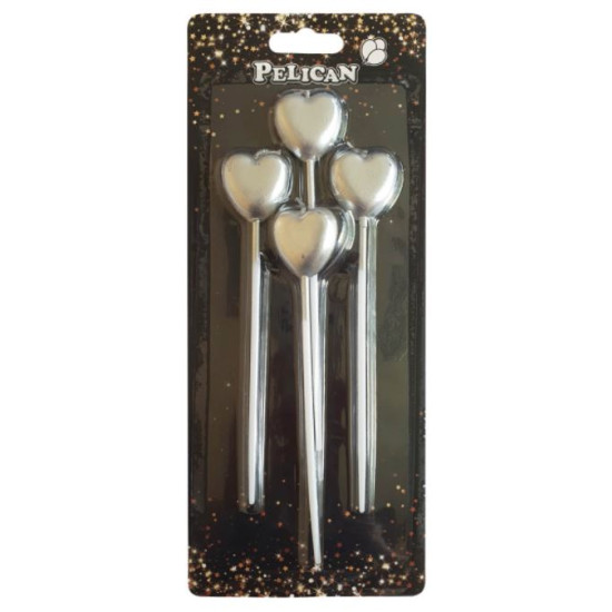 Набір свічок для торту "СЕРДЕЧКО на палочці",  срібло, 4шт/уп Срібний Pelican (868602)
