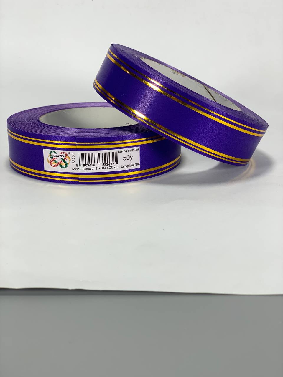 Лента пластиковая 3см, 50 ярд, ярко синий + 2 золотые полоски, BELATEX (PAS30 -2 bright blue)