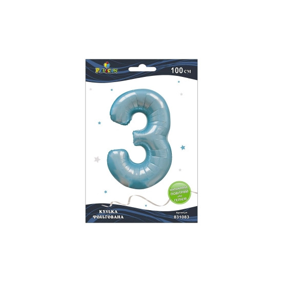 Цифра фольгована Pelican, "3" блакитна 100см Блакитний Pelican (831083)