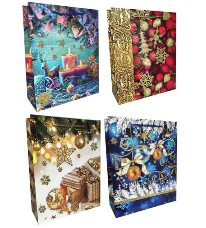 Пакет подарунковий новорічний з глітером 200г, 26 х 32 х 10 см,  4 дизайна Різнокольоровий Unison (YM-S-1723-M-1)