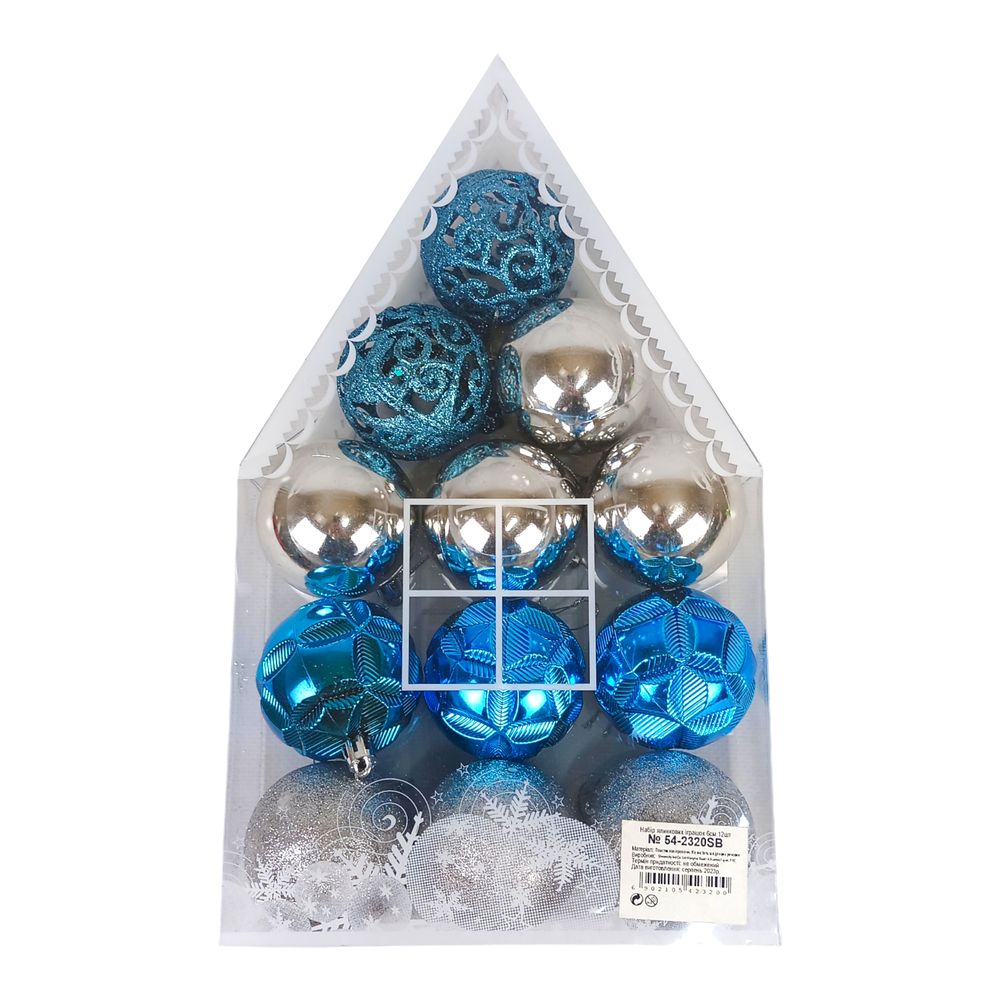 Набор игрушек на елку "Шары 12шт, диаметр 6см-голубые+серебро" 4виды, пластик (54-2320-SB)