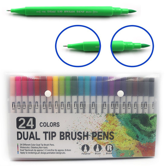 Набір лінер 0,4 мм + кисть 2 мм двосторонні, на водній основі 24 кольори Різнокольоровий Без бренду (04371-24MK/9781-24)