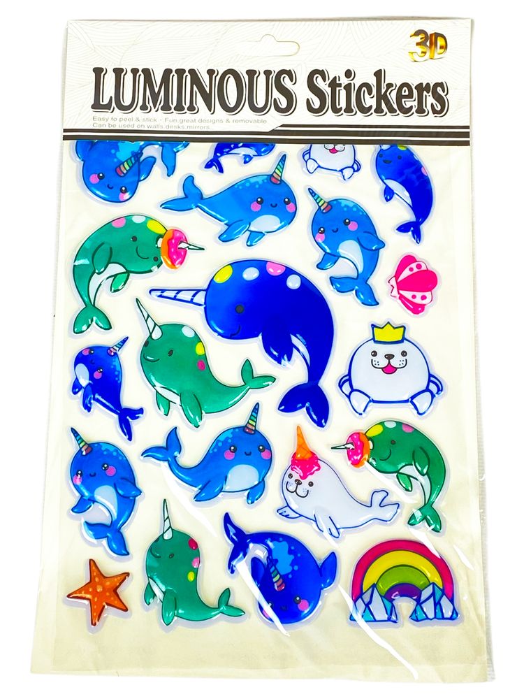 Наліпка пластикова рельєфна флуорісцентна, 10 х 30см Єдинороги та Дельфіни (Y-Q007)