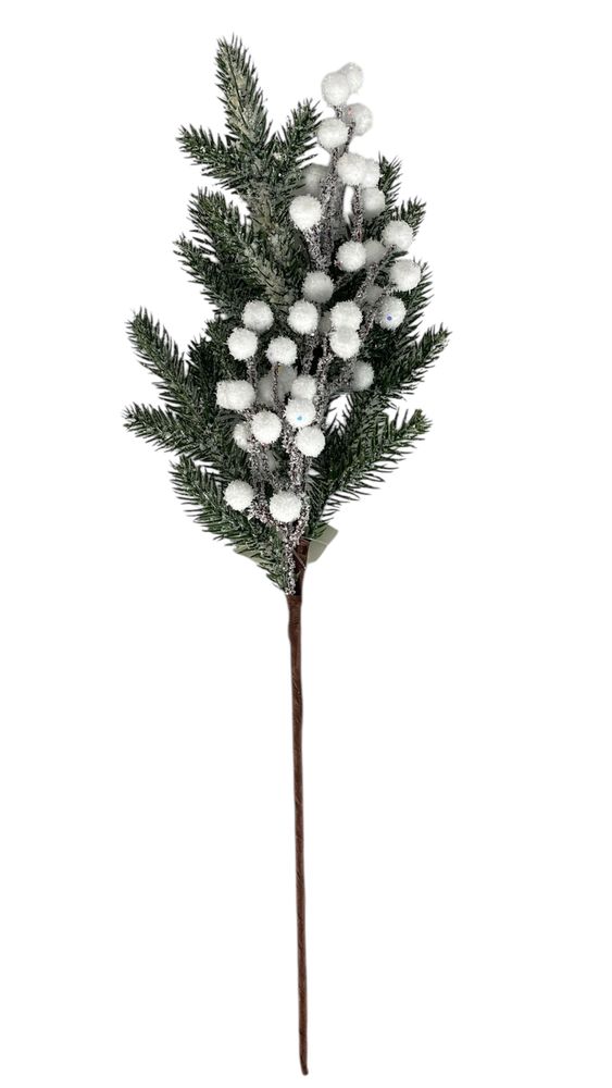 Новорічна гілка 50см, зелена з білми ягідками (с30600)