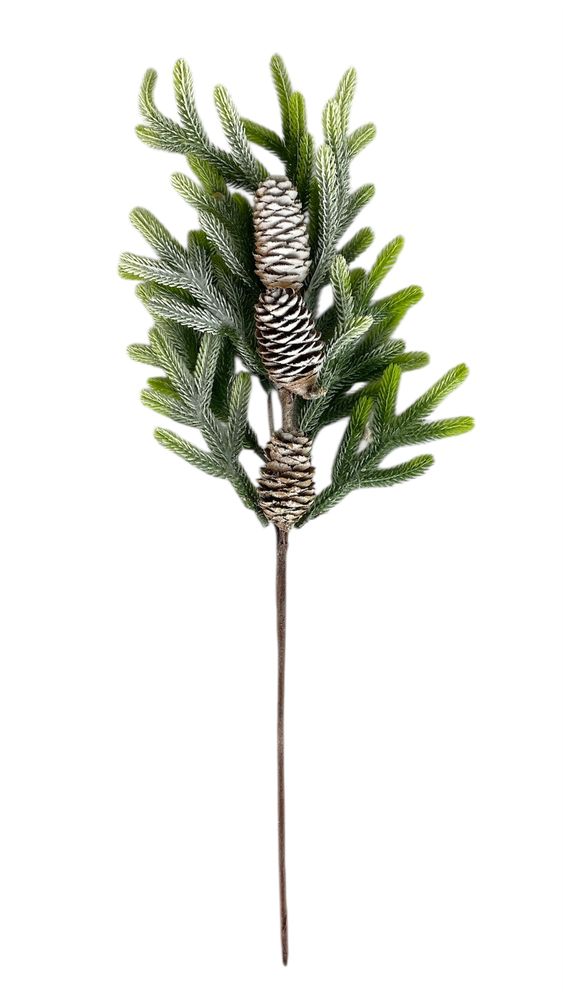 Новогодняя ветка с шишками 50 см, зеленая заснеженная (с30606)