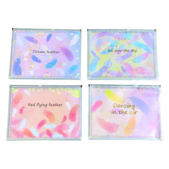 Папка для тетрадей А4+ на змейке "Сыпучие блестки-перья" 33 х 24,5см (2400-А4)