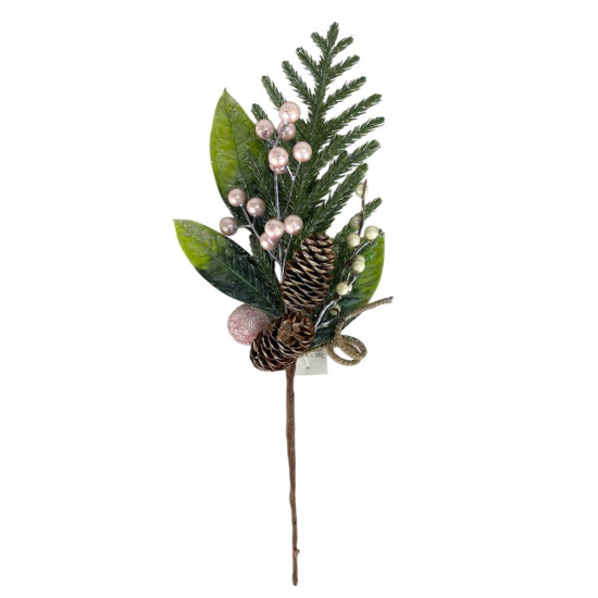 Новорічна гілка 40см, зелена  з шишками та рожевими ягідками (с30596)