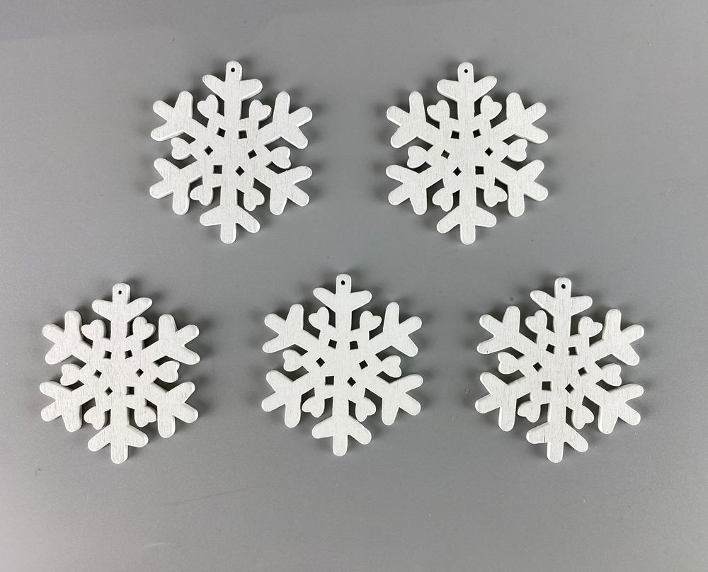 Деревянная снежинка-подвеска 5х6см, белая, 5шт (TK-036)