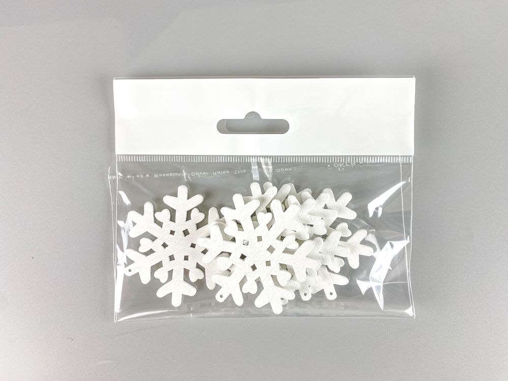 Деревянная снежинка-подвеска 5х6см, белая, 5шт (TK-036)