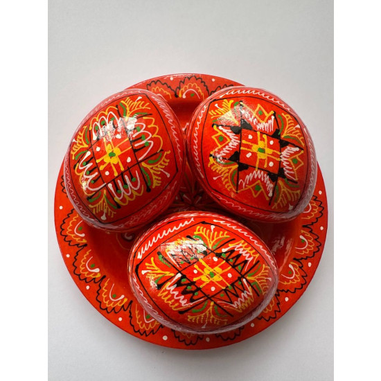 Набір декоративних дерев'яних писанок на тарілці з традиційним орнаментом Червоний Unison (L-001 orange)