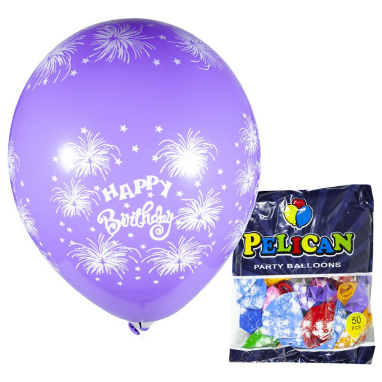Шарики Pelican 12' (30 см), цвета микс - Happy Birthday, 50шт/уп, 824508 (824508/1250-508)