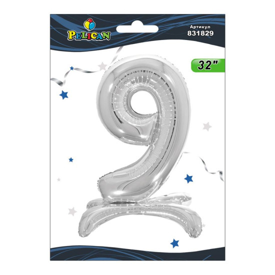 Цифра фольгована на підставці Pelican "9" срібло 80см Срібний Pelican (831829)