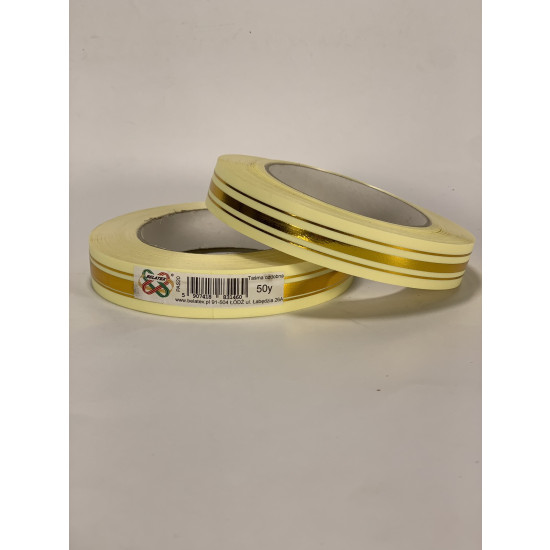 Лента пластиковая 2см, 50 ярд,  кремовая  3 золотых полосы, BELATEX (PAS20 -  cream)