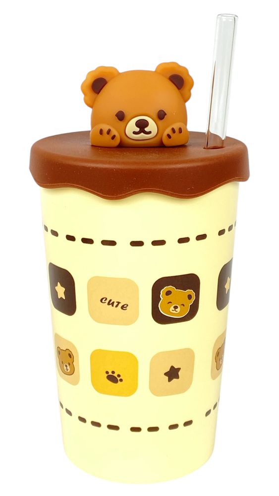 Стакан керамический 450мл с силиконовой крышкой и трубочкой "Медведь" (513)