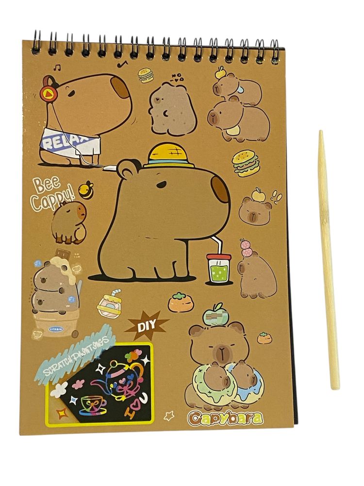 Блокнот для гравюр А5 "Капібара"- 8 чорних аркушів +дерев'яна паличка Scratch note 14 х 20см (E-3002-CB)