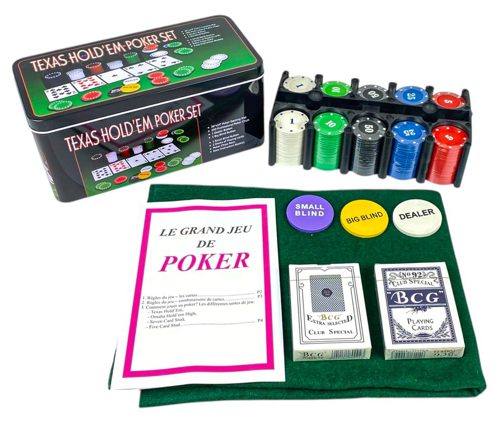 Набор для покера 200 фишек + 2 бревна карт + скатерть, фишка дилера (200P)