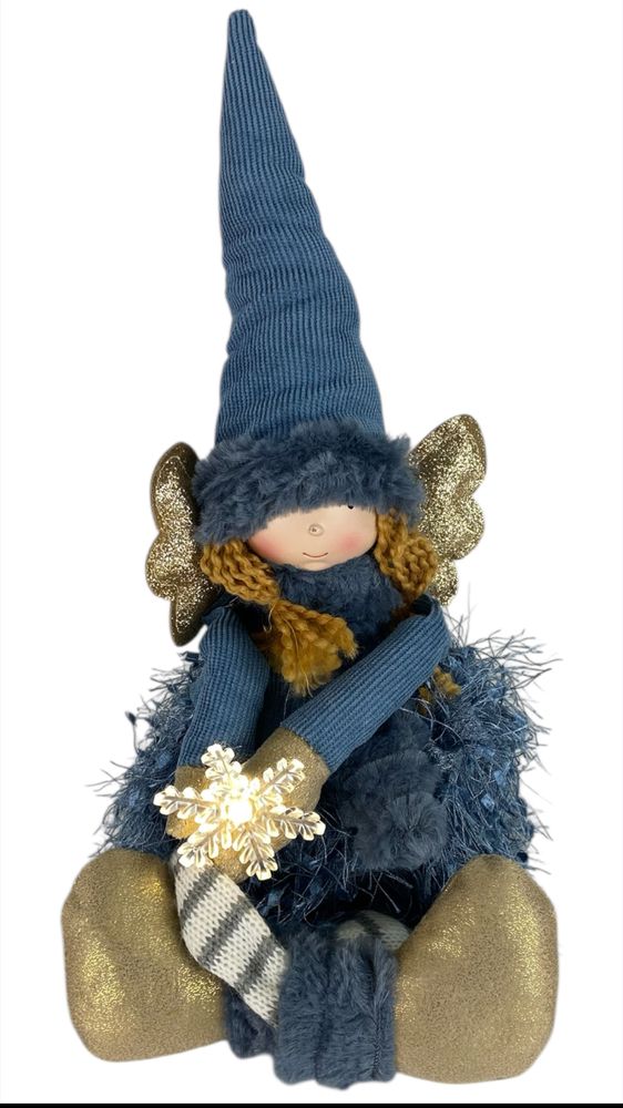 Новогодняя мягкая игрушка Фея синяя, сидящая с светящейся звездой, 15 х 15 х 48 см (L01143)