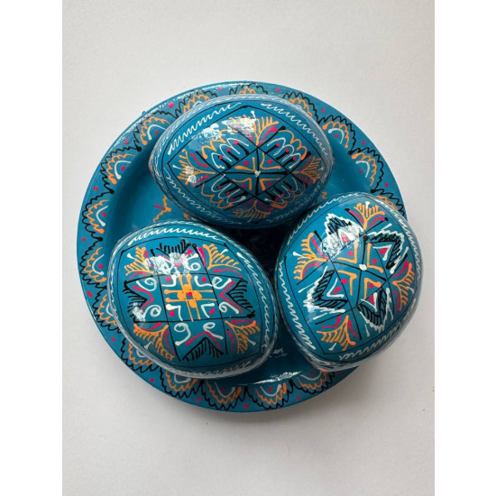 Набір декоративних дерев'яних писанок на тарілці з традиційним орнаментом Синій Unison (L-001  blue)