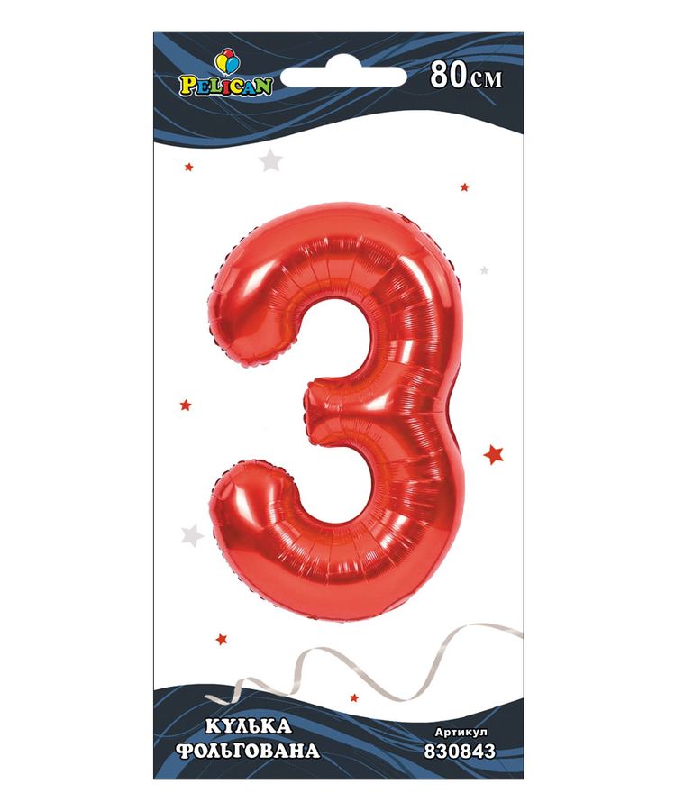Цифра фольгована Pelican, "3" Червона 80см Червоний Pelican (830843)