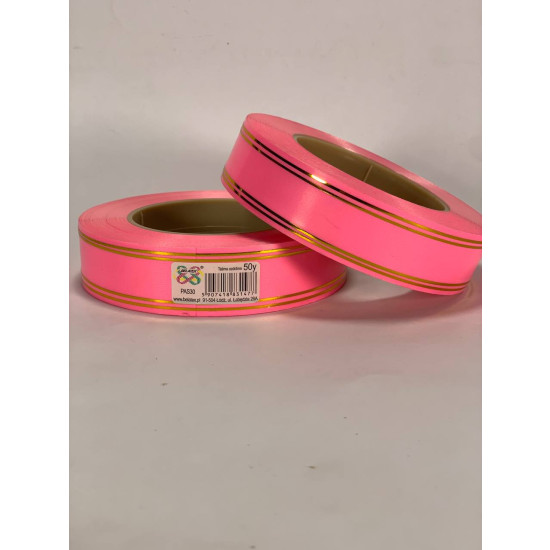 Лента пластиковая 3см, 50 ярд, розовая + 2 золотые полоски, BELATEX (PAS30 -2 pink)