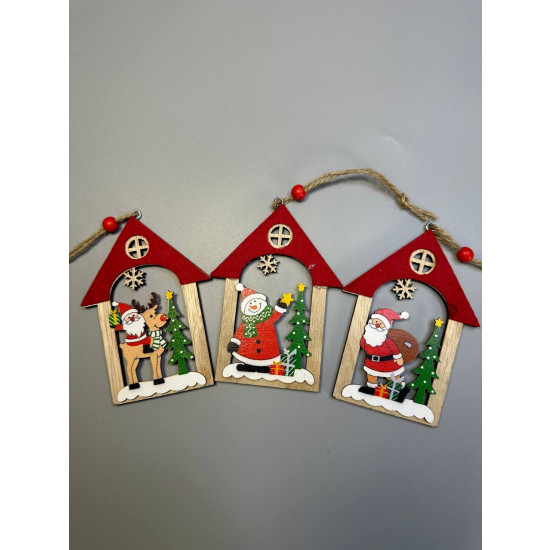 Підвіска новорічна дерев'яна  "Будиночок - Санта Клауса, Сніговик, Олень" 12 х 9см Різнокольоровий Unison (601-4)