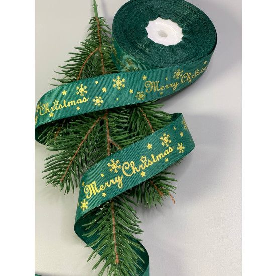 Стрічка репсова новорічна зелена 25мм Merry Christmas , 25 ярд Зелений Unison (D13125 green/D15525)