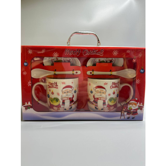 Набір кермічних чашок 2 шт. 350мл з блюдцями, ложками "Санта Клаус" у подарунковій валізі, 4 види Червоний Unison (HK-651-B)