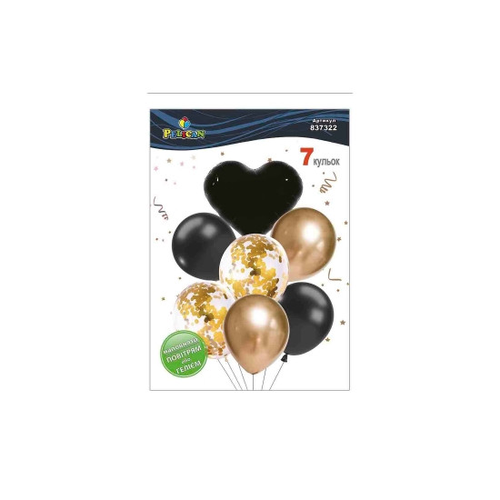 Набір з 7 кульок "Серце, чорно  золотий мікс" Pelican (837322)