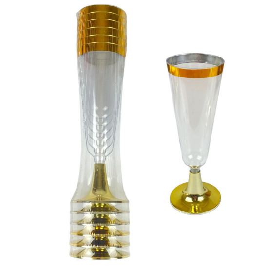 Бокалы пластиковые многоразовые для шампанского с золотом, 6шт/уп (7500-57)
