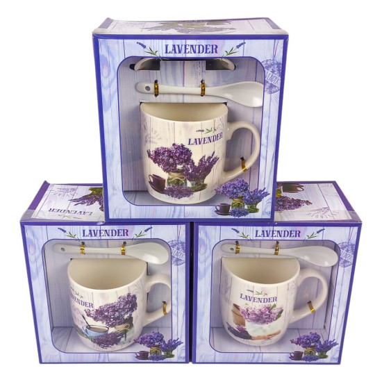 Чашка керамічна 350мл "Лаванда" з блюдцем та ложкою 4 види (1390)