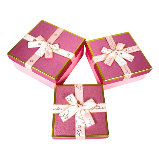 Набор коробок 3 шт квадратные, 19 х 19 х 9,5см с глитером (10238-pink)