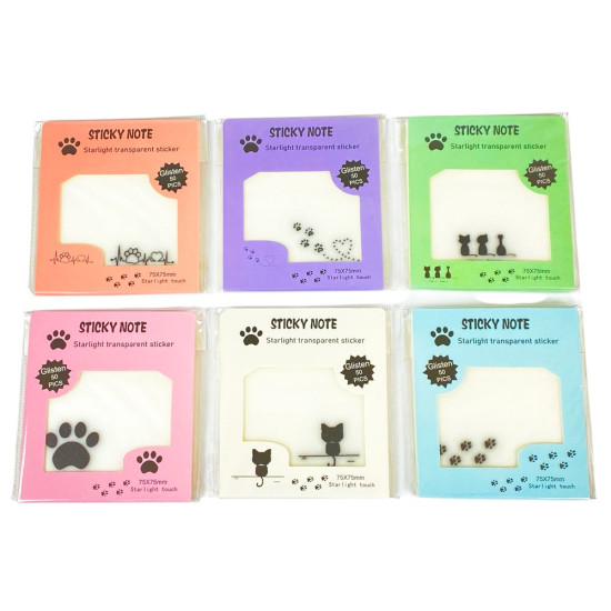 Бумага для заметок пластиковая полупрозрачная с клейким слоем "Лапки котика" 75 х 75мм 50 листов (9188-8899)
