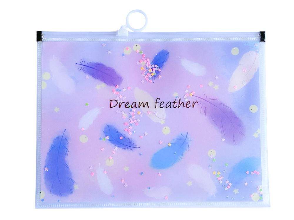 Папка для тетрадей А5+ на змейке "Сыпучие блестки-перья" 24 х 18,5см (152)