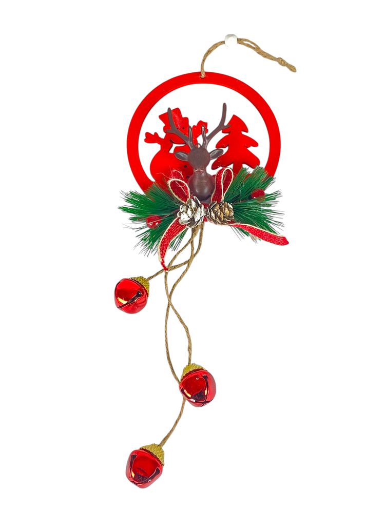 Деревянная подвеска снеговик красный с оленем 12 х 12 см (L00409.7)