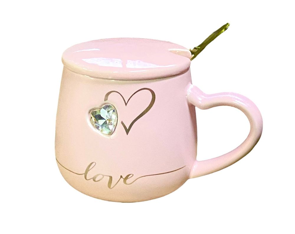 Чашка керамічна 400мл "Серце стрази" з кришкою, ложкою (042)